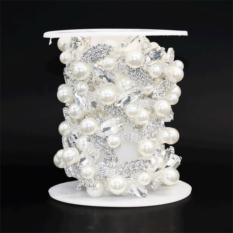 Jerler 1 Yard Pearl Tassel Rhinestone Trim, Inlaid Pearl Beaded Chain, Crystal Applique Ideal for DIY and Wedding Party Decoration Bridal Embellishments, 0.78" Width (Tassel-11, 1 Yard) - Image 2